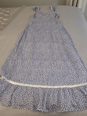 Japna Blue and White Floral Maxi Sundress with Ruffle Hem Cottage Boho